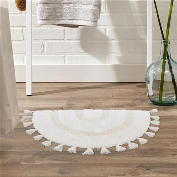 Half Circle Boho Bathroom Rugs with Tassels 100% Cotton Hand-Woven Bath Mat - Picture 6 of 7